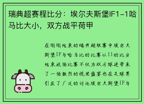 瑞典超赛程比分：埃尔夫斯堡IF1-1哈马比大小，双方战平荷甲